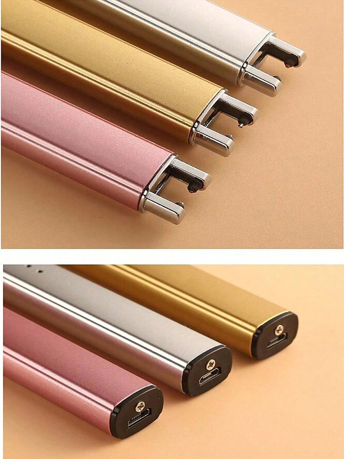 Three metallic pens in gold, silver, and rose gold on a beige background.