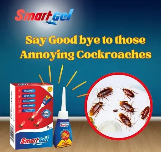SmartGel cockroach killer gel shown with its retail box and applicator tube on a blue promotional background, alongside a circular inset showing several cockroaches.