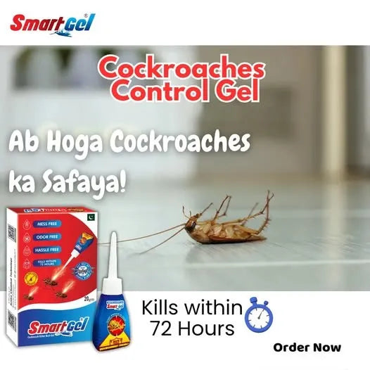 Smartgel Cockroaches Control Gel advertisement showing a cockroach on a floor, the product box, and the gel bottle with promotional text in English and Urdu.