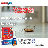 Smartgel Cockroaches Control Gel advertisement showing a cockroach on a floor, the product box, and the gel bottle with promotional text in English and Urdu.