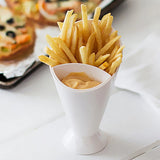 Snack holder for French fries with a separate compartment for ketchup and other dipping sauces.