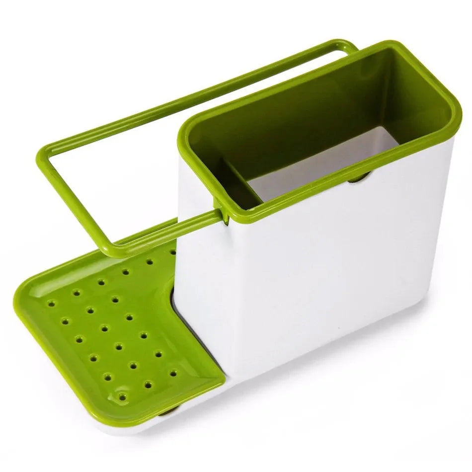 Soap dispenser with sponge rack for keeping cleaning tools tidy and within easy reach.