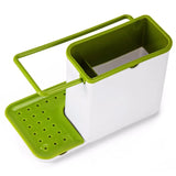 Soap dispenser with sponge rack for keeping cleaning tools tidy and within easy reach.