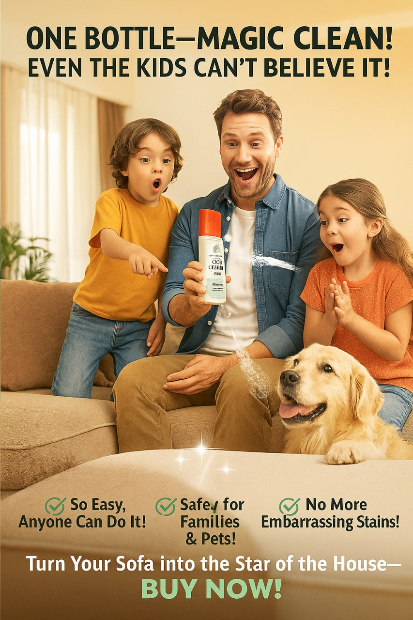 Man with children and dog holding a bottle of cleaning product, with text about its effectiveness and features.