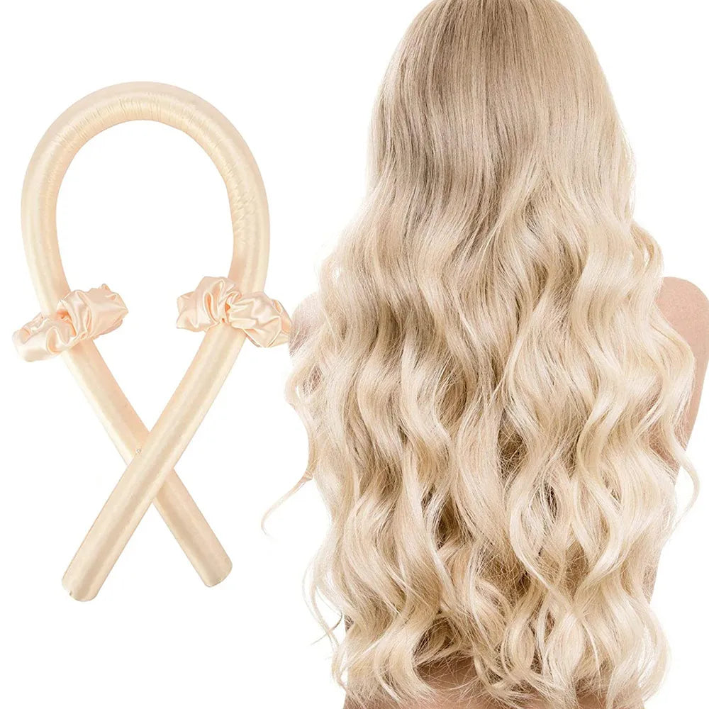 Blonde hair extensions with a curling tool on a white background