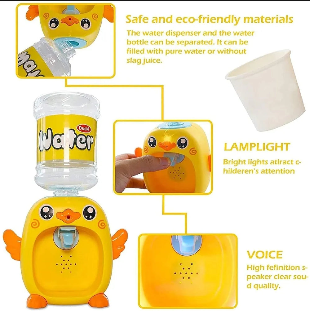 Yellow duck-shaped water dispenser with features highlighted on a white background
