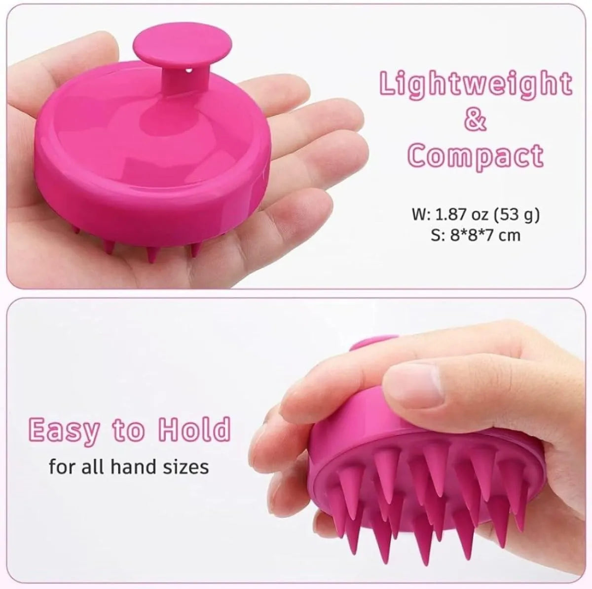 Pink silicone scrubber held in a hand with text highlighting its lightweight, compact size, and ease of use.