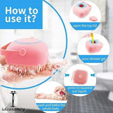Instructions on how to use a pink shower scrubber with Idealancy branding.