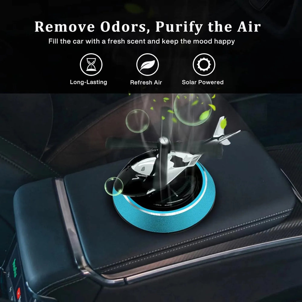 Car air freshener with a blue base on a car dashboard, featuring text about odor removal and air purification.