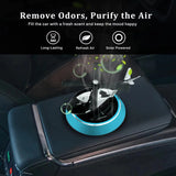 Car air freshener with a blue base on a car dashboard, featuring text about odor removal and air purification.