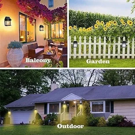 A three-panel collage showing outdoor lighting products in use: a warmly lit balcony at night, a bright garden with sunflowers and a white picket fence, and a suburban house at dusk with lawn and house lights turned on. The words 'Balcony,' 'Garden,' and 'Outdoor' appear over the respective panels.