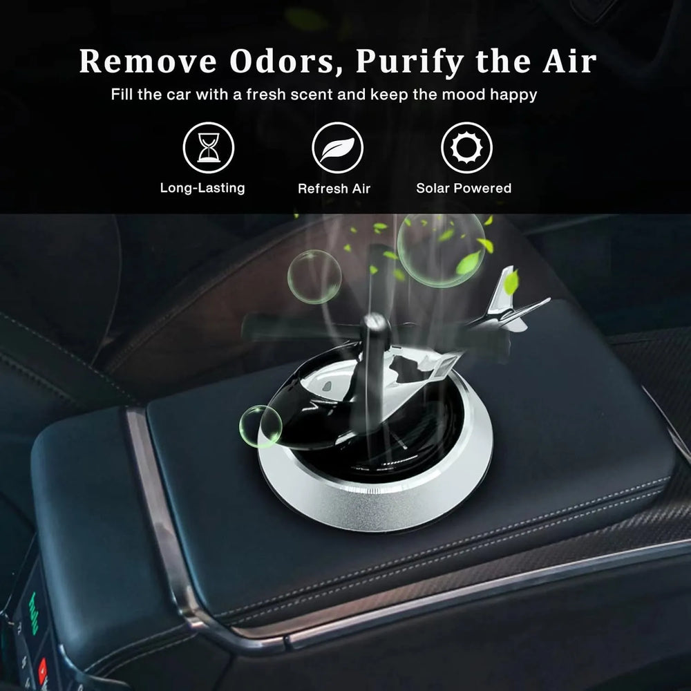 Car air freshener with text on removing odors and purifying air, featuring long-lasting, refreshing, and solar-powered features.