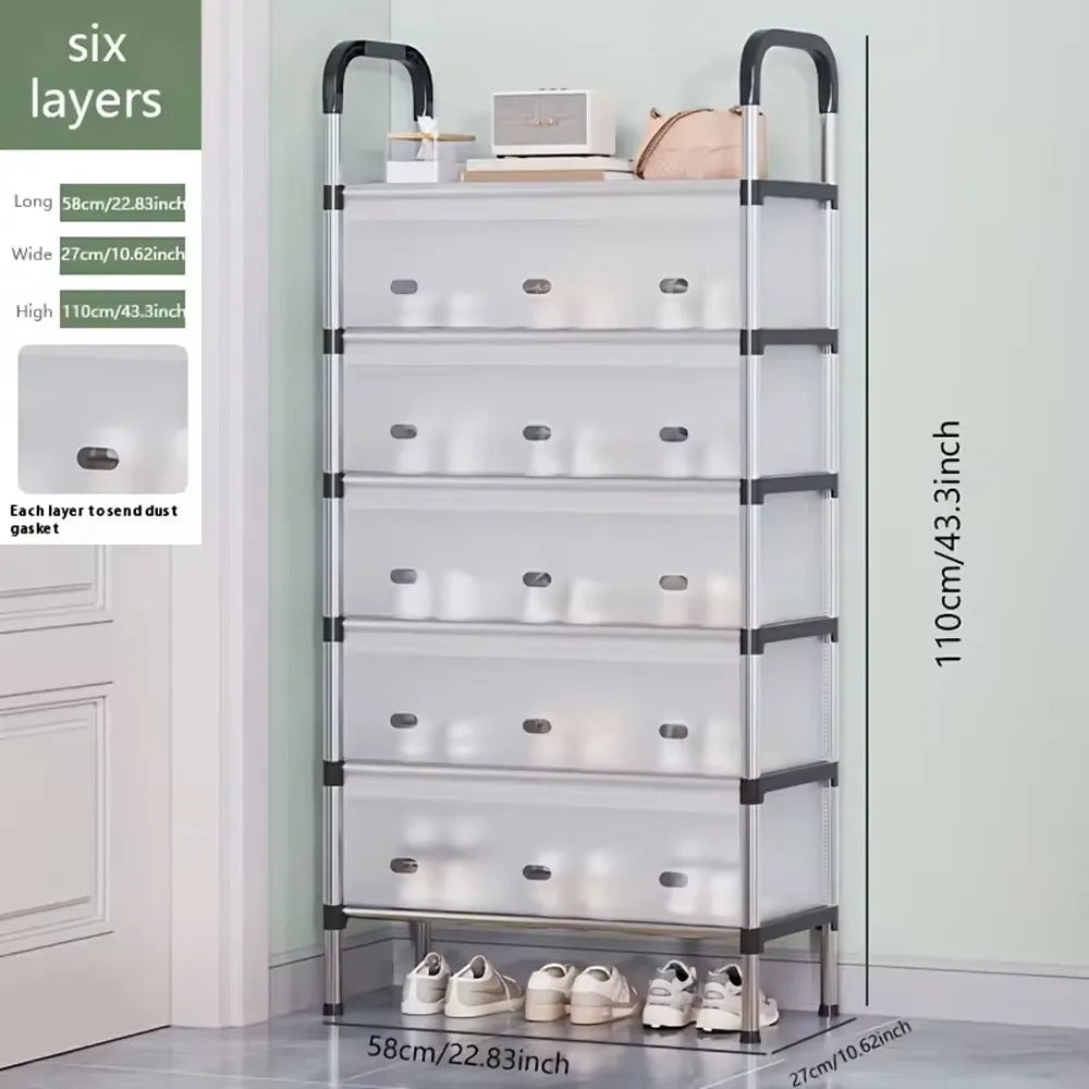 Space-saving multi-layer shoe rack for keeping shoes tidy in compact living spaces.