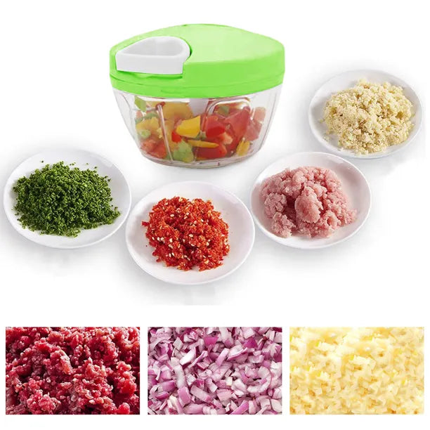 Speedy manual turbo vegetable chopper for quickly chopping vegetables, herbs, fruits, and kitchen ingredients.
