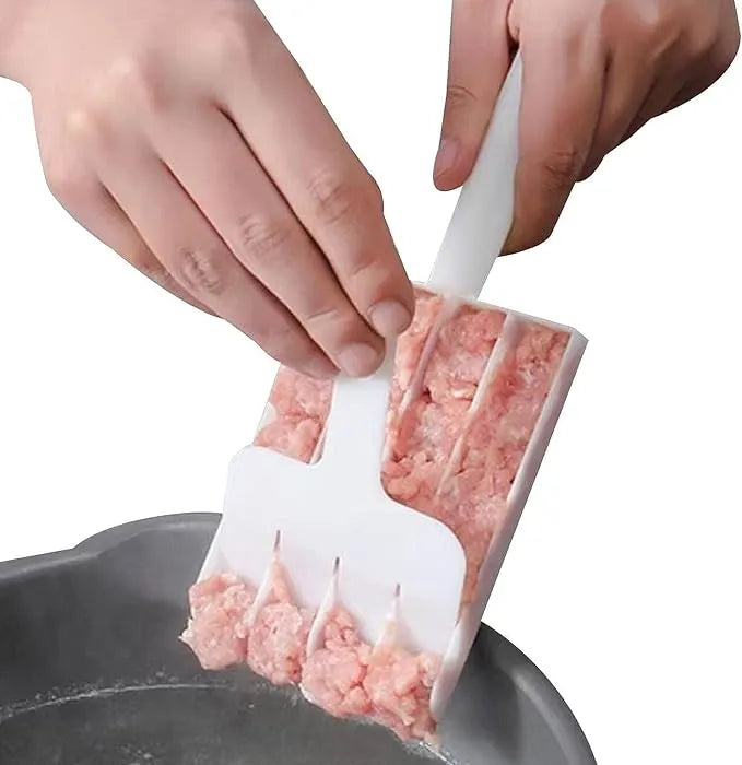 Person using a silicone tool to shape ground meat into patties on a pan.