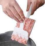 Person using a silicone tool to shape ground meat into patties on a pan.