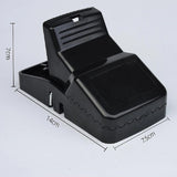 Black mouse trap with dimensions indicated on a light gray background
