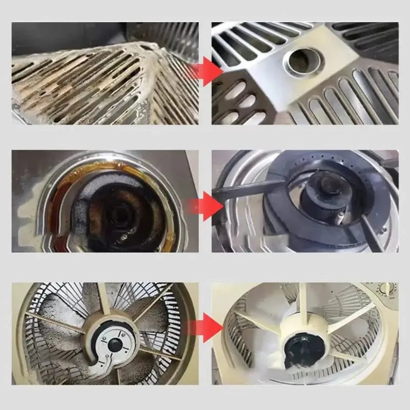 Step-by-step process of cleaning a metal surface with arrows indicating the cleaning action.