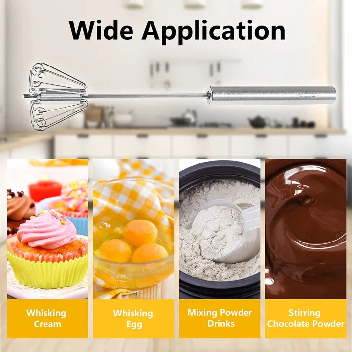 Stainless steel hand push whisk mixer ideal for beating eggs, whipping cream, and mixing ingredients.