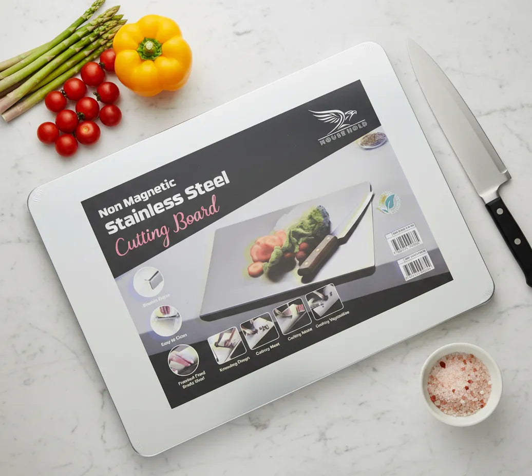 Non-magnetic stainless steel cutting board with vegetables and a knife on a light surface