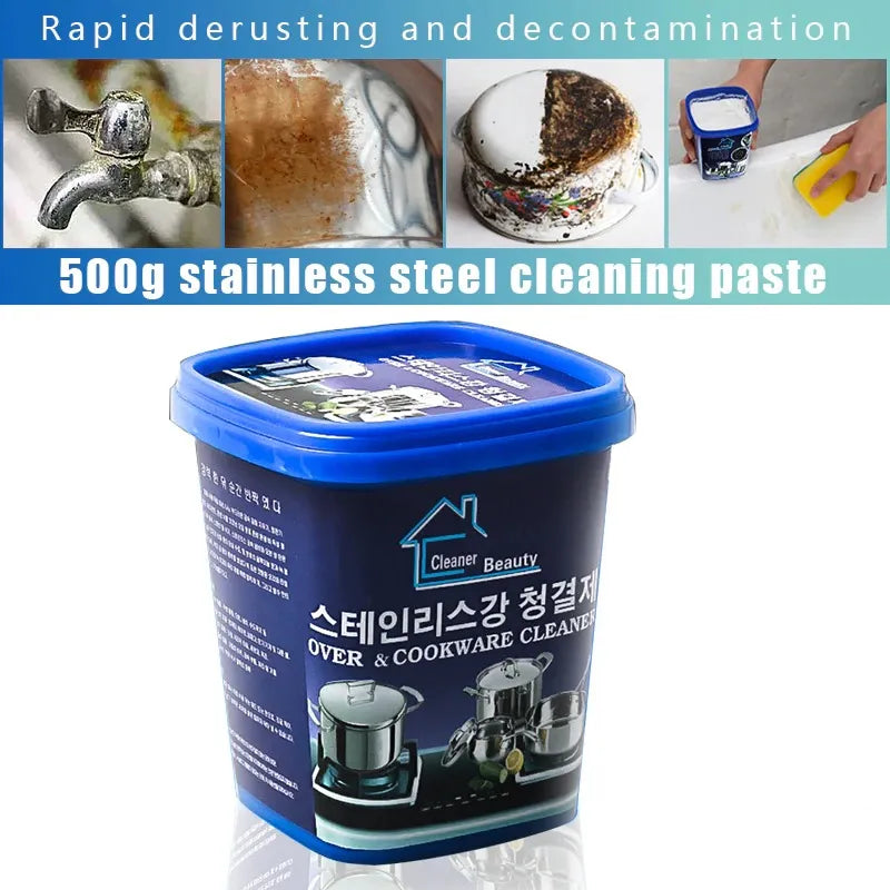 500g stainless steel cleaning paste container with images of cleaning before and after use on a white background.
