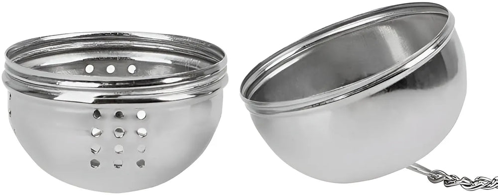Two metal tea infusers on a white background