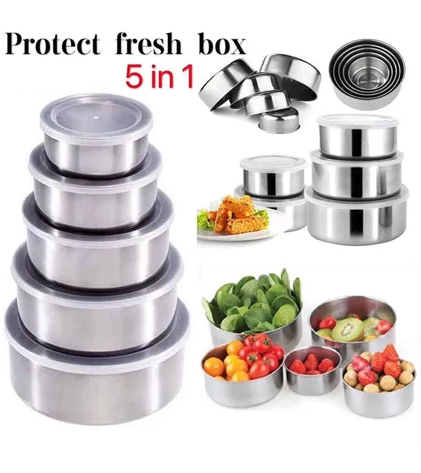 5-piece stainless steel mixing bowl set designed for baking, cooking, and food preparation.