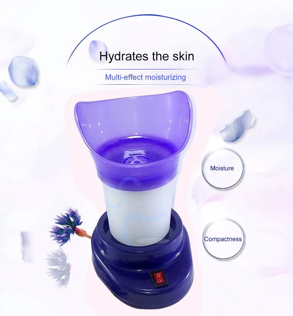 Purple and white facial steamer with text 'Hydrates the skin' and 'Multi-effect moisturizing'.