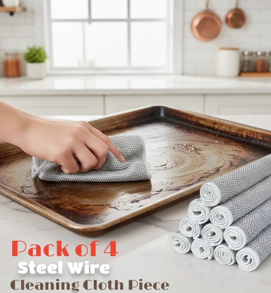 Person cleaning a wooden tray with steel wire cleaning cloth pieces in a kitchen setting.