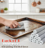 Person cleaning a wooden tray with steel wire cleaning cloth pieces in a kitchen setting.