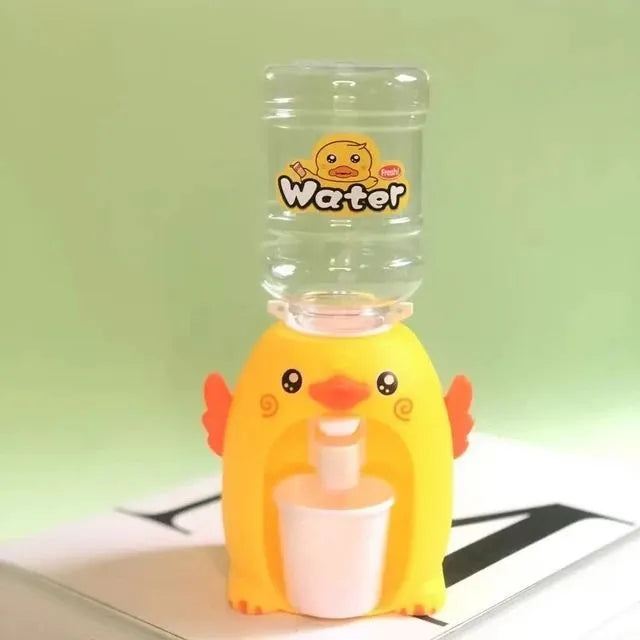 Yellow cartoon duck-shaped water bottle holder with a clear water bottle on a light green background