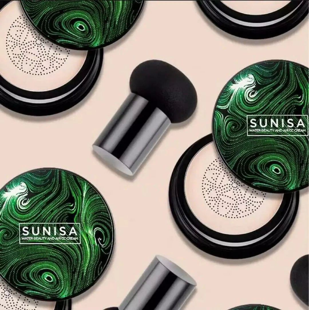 SUNISA air cushion BB CC foundation with waterproof formula and mushroom applicator for flawless-looking skin.