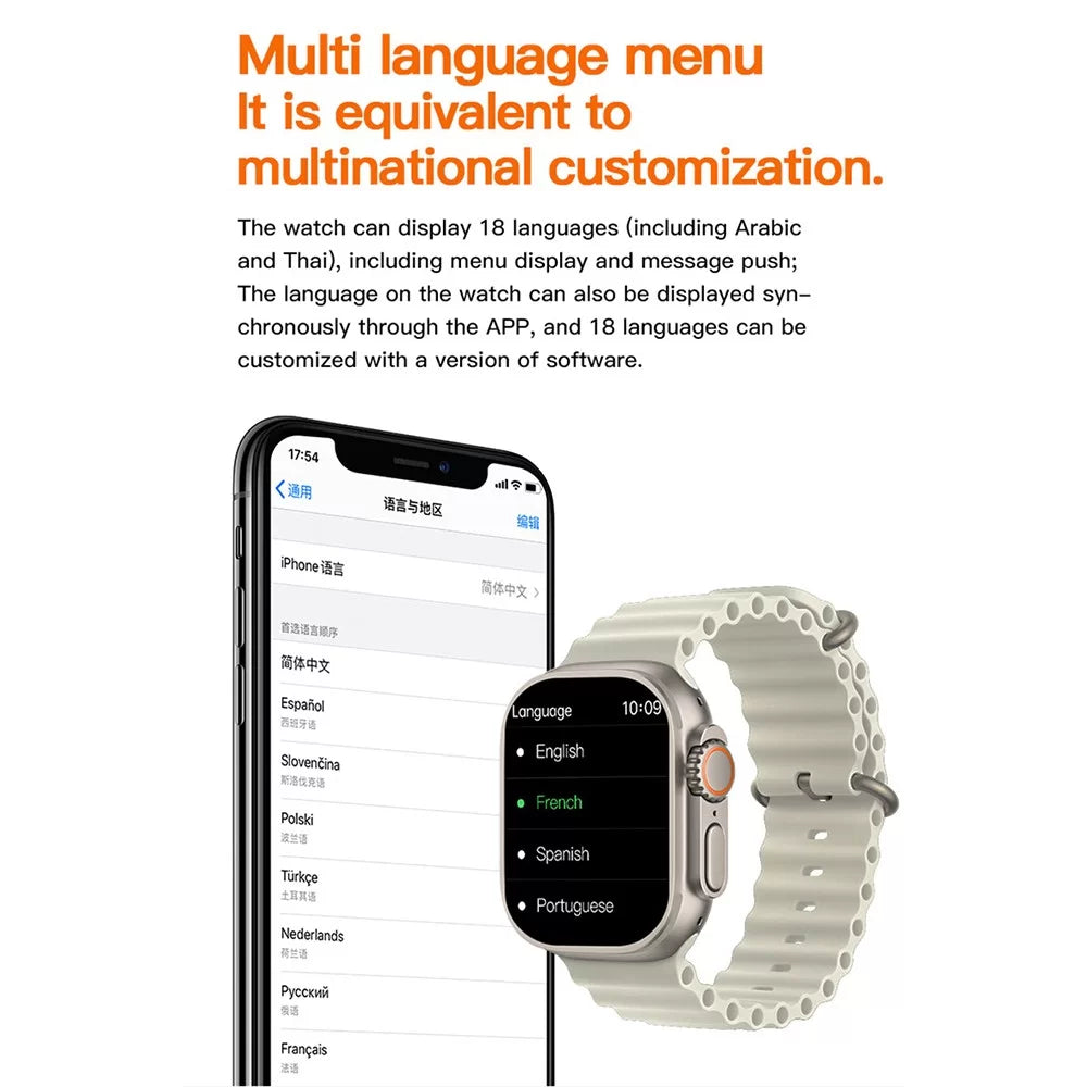 Smartwatch and smartphone displaying language selection interface with text about multi-language support.