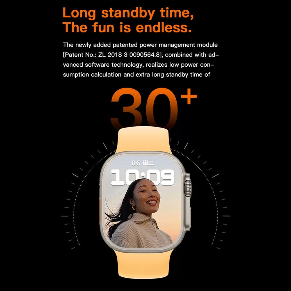 Smartwatch with a display showing a woman's face, on a black background with promotional text about long standby time.