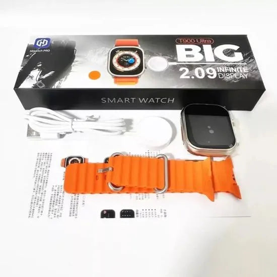 Smart watch with orange band and packaging on a white background
