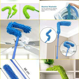 Collage of a cleaning tool with green and blue bristles being used on various surfaces.