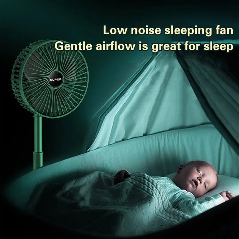 Telescopic portable desk fan with a rechargeable battery for home, office, and travel use.