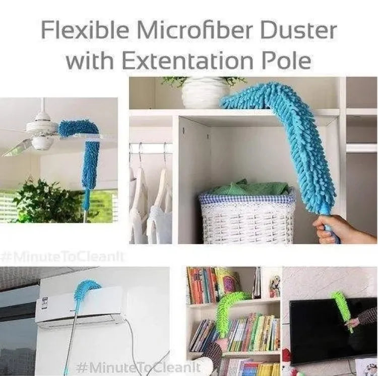 Flexible microfiber duster with extension pole used to clean various surfaces.