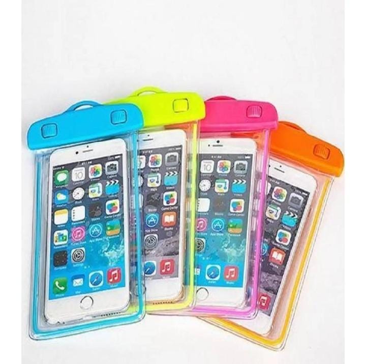 Four colorful phone pouches with smartphones inside on a white background