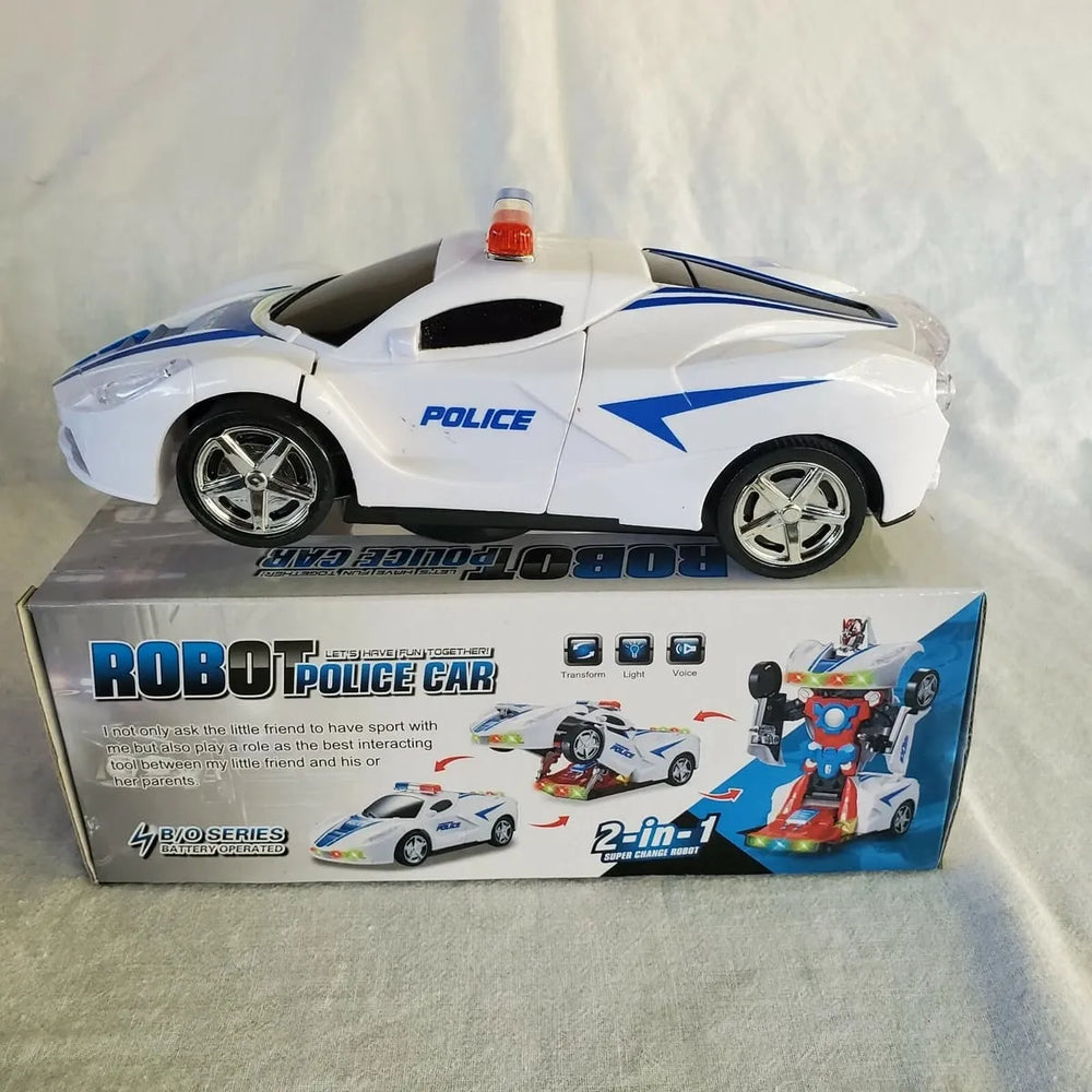 Robot police car transforming toy featuring light and sound effects for engaging children's playtime.