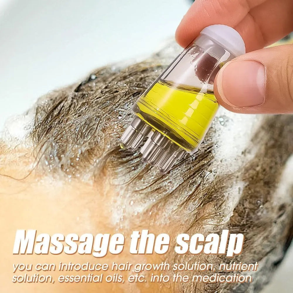 Hand holding a small bottle with yellow liquid over hair, with text about scalp massage and hair growth solutions.