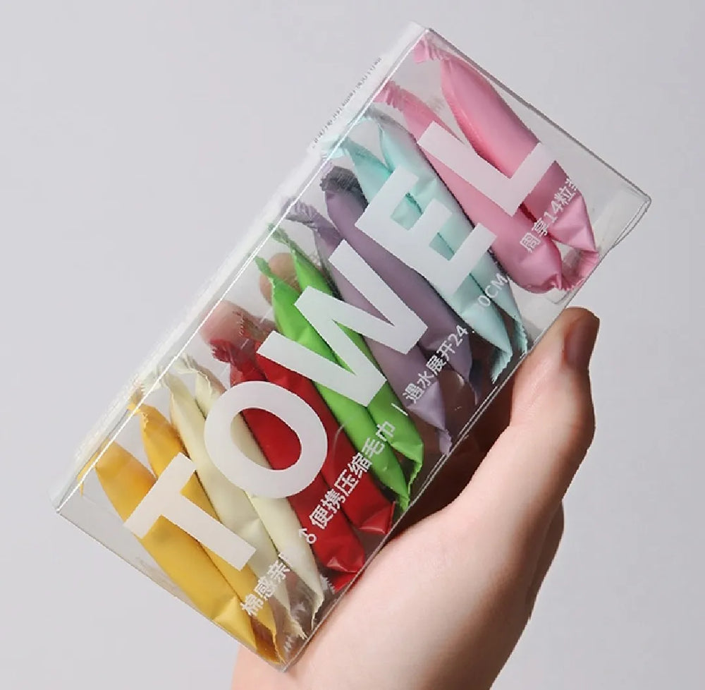 Travel compressed towel tablets that expand into soft washcloths with the addition of water.