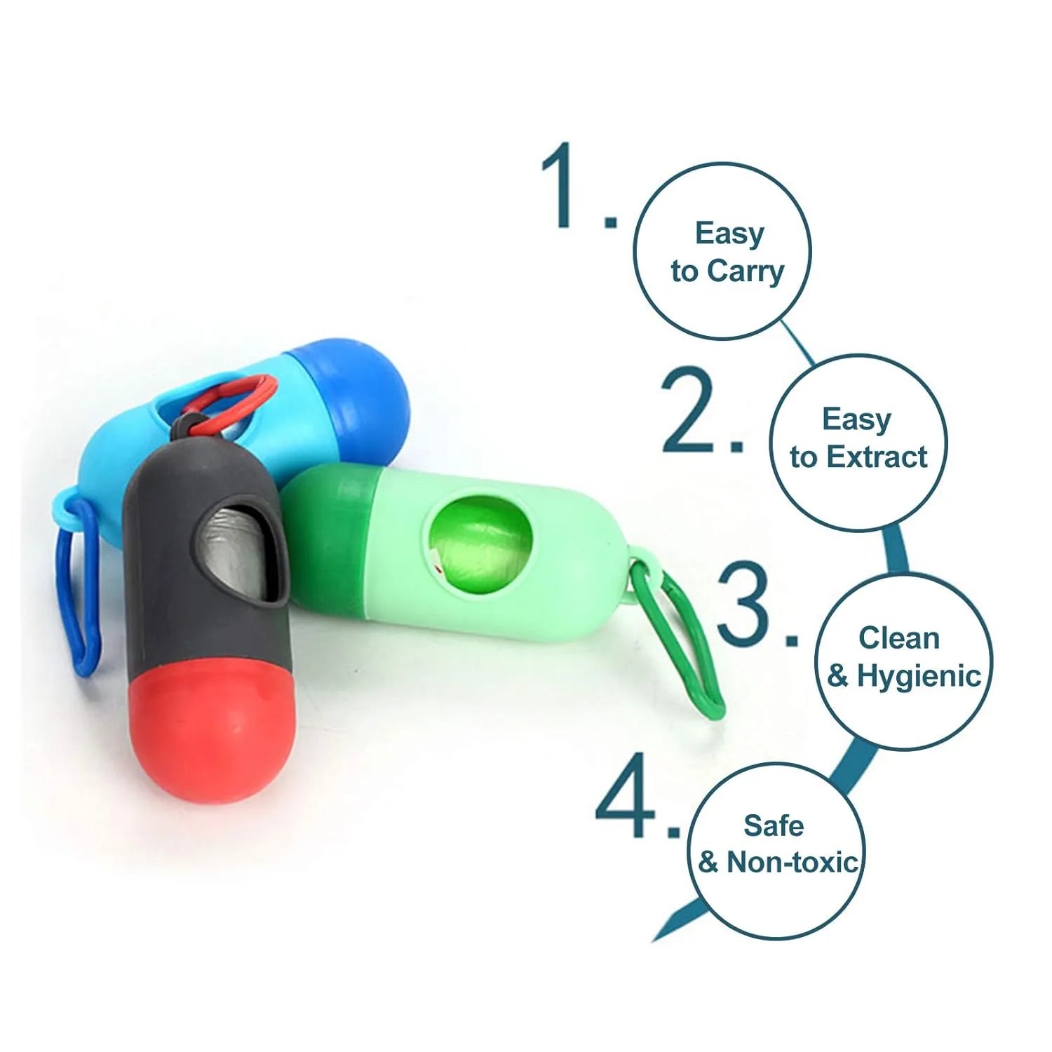 Colorful dog training clicker with features listed on a white background