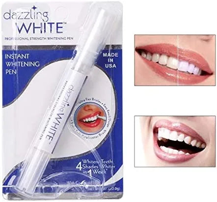 Dazzling White teeth whitening pen with packaging and before-and-after images of teeth.
