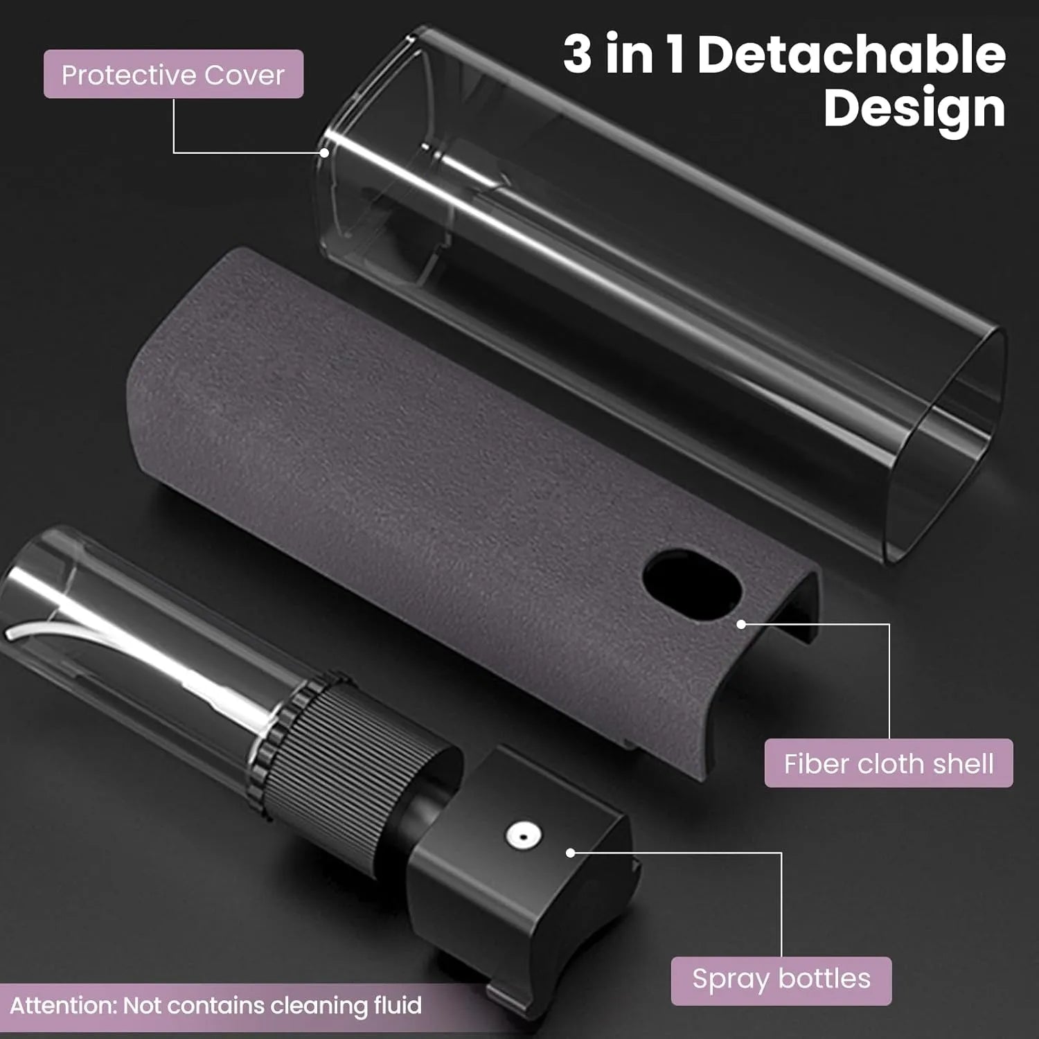 3-in-1 cleaning tool with protective cover, fiber cloth shell, and spray bottles on a dark background.