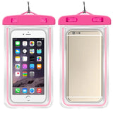 Two pink phone pouches with smartphones inside, one showing app icons and the other a clear view.