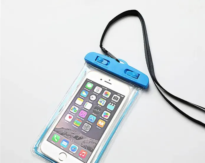 Phone in a waterproof case with a blue top and black strap on a white background