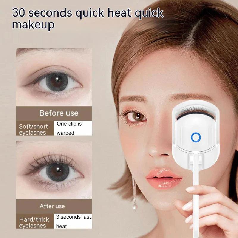 Woman using a device to straighten eyelashes with text indicating quick heat and makeup application.