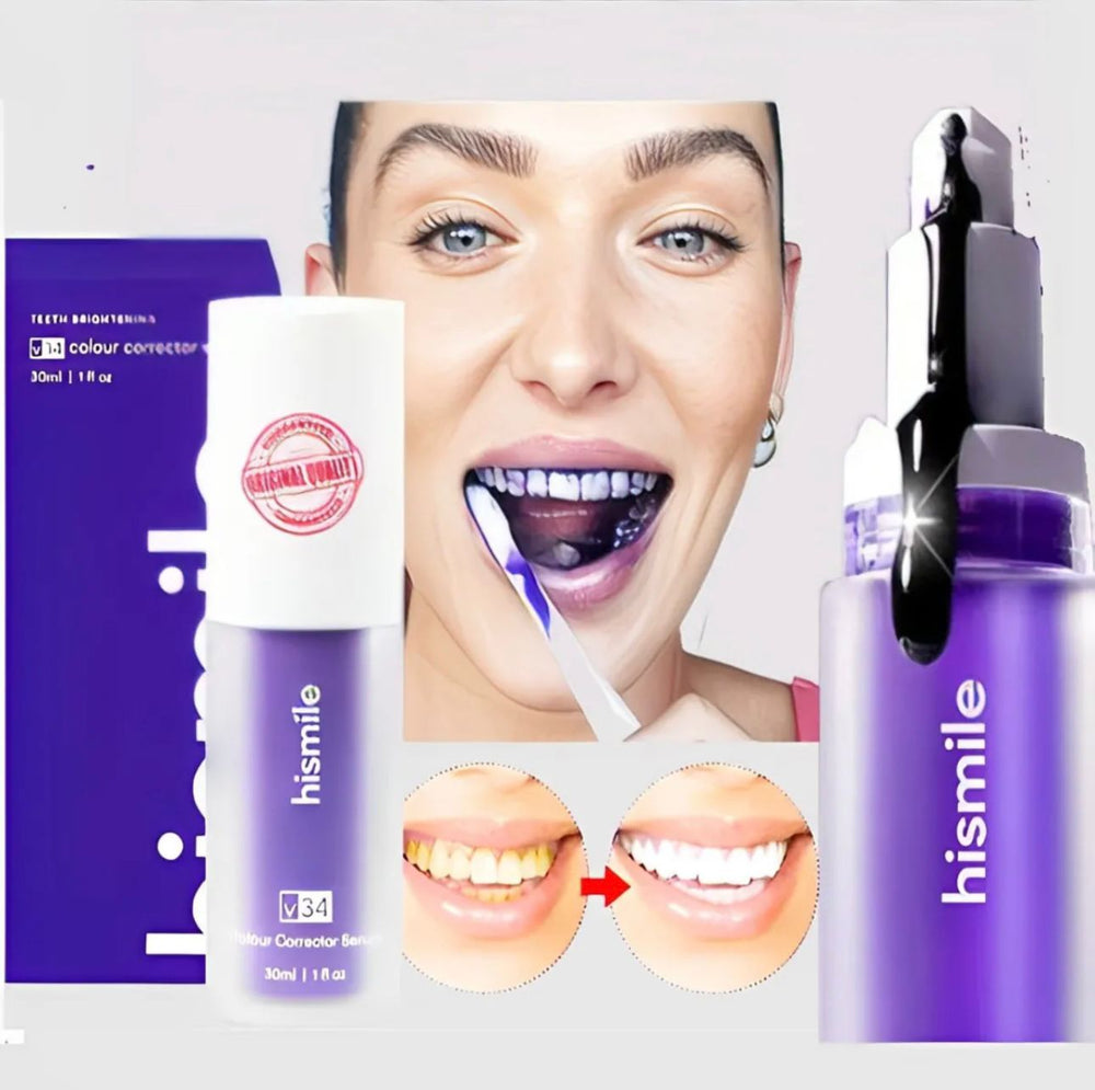 Hismile teeth whitening product with packaging and close-up of a woman's mouth.