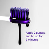 Purple brush with black handle on a white background, showing product application instructions.